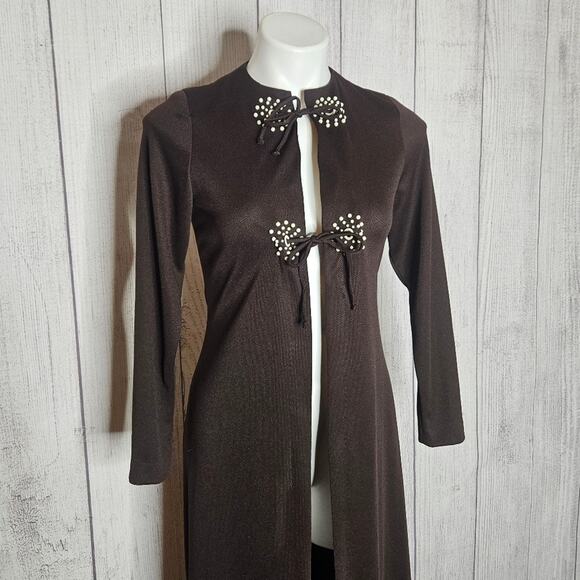 VTG 70s Chocolate Brown Duster with Beaded Sunburst Detailing, Tie Closure, sz 8 - Picture 3 of 9